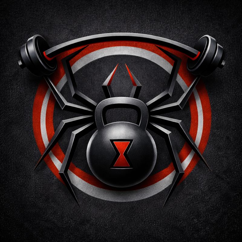 Picture of Black Widow whose body is a kettle ball and the spider is lifting weights.